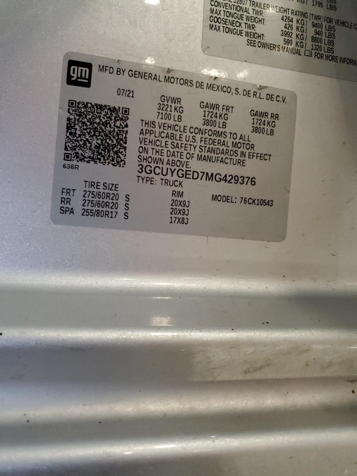 2021 Chevrolet Silverado K1500 Ltz VIN: 3GCUYGED7MG429376 Lot: 63780305