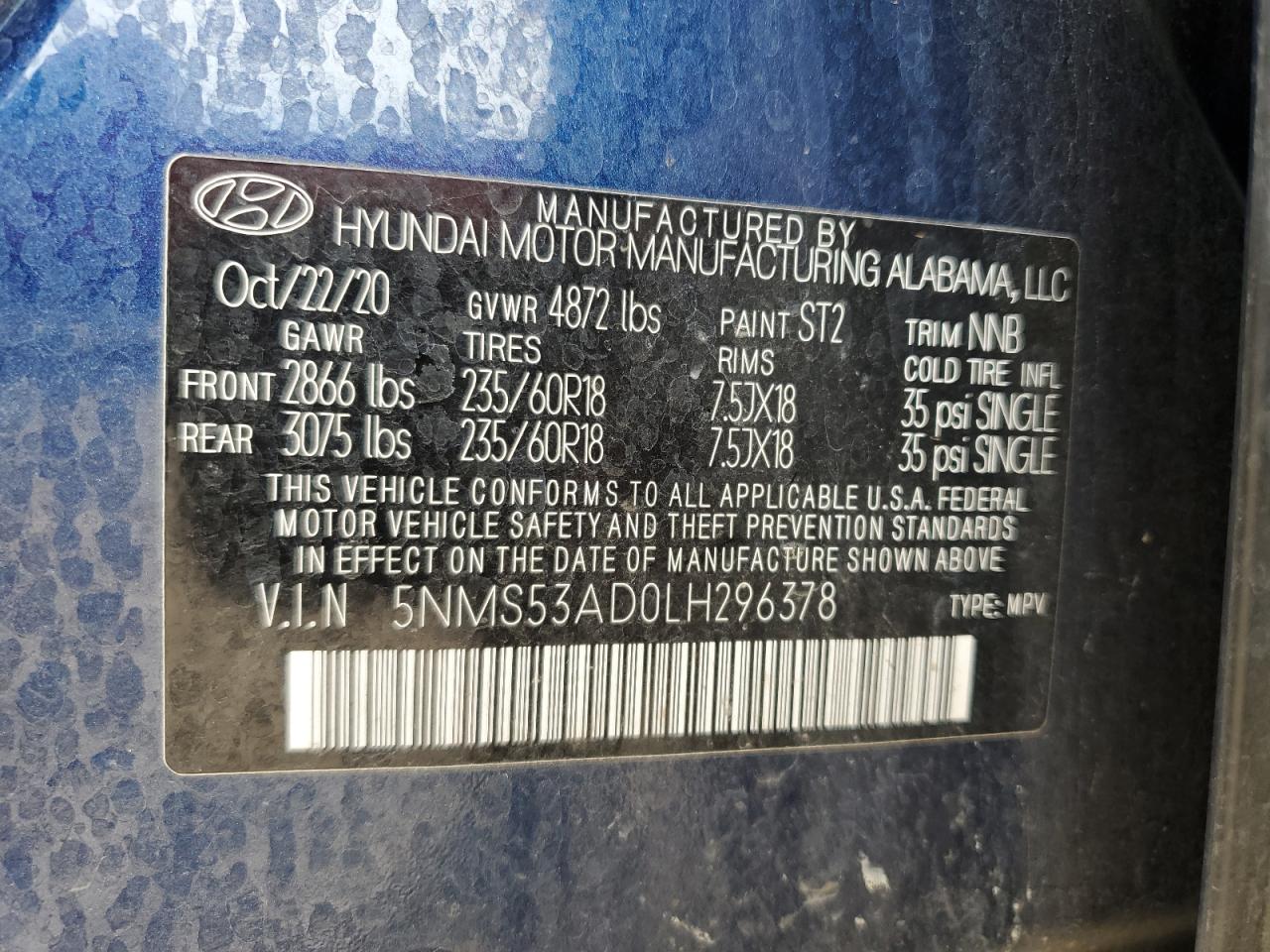 2020 Hyundai Santa Fe Limited VIN: 5NMS53AD0LH296378 Lot: 64594375