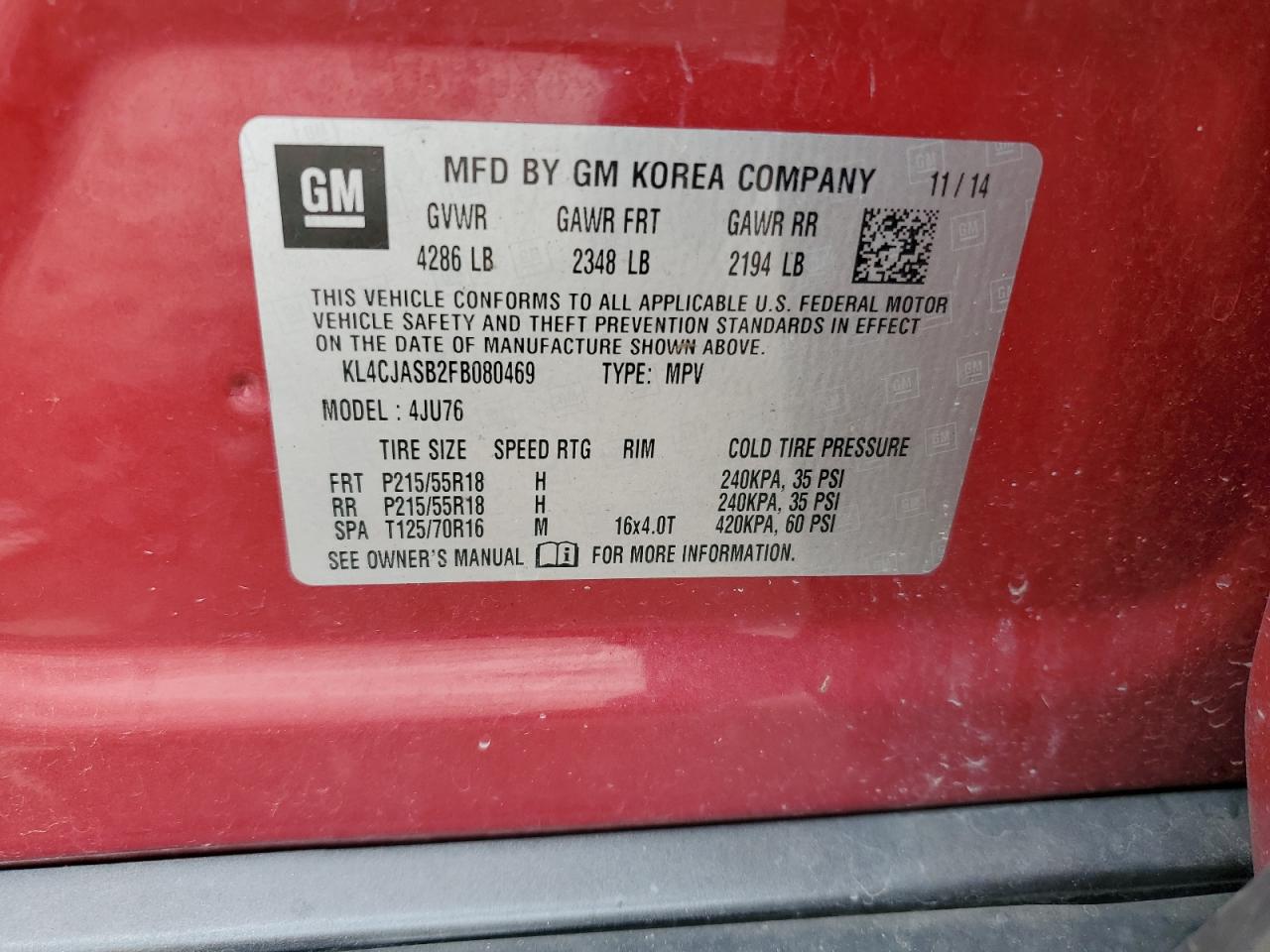 2015 Buick Encore VIN: KL4CJASB2FB080469 Lot: 64653005