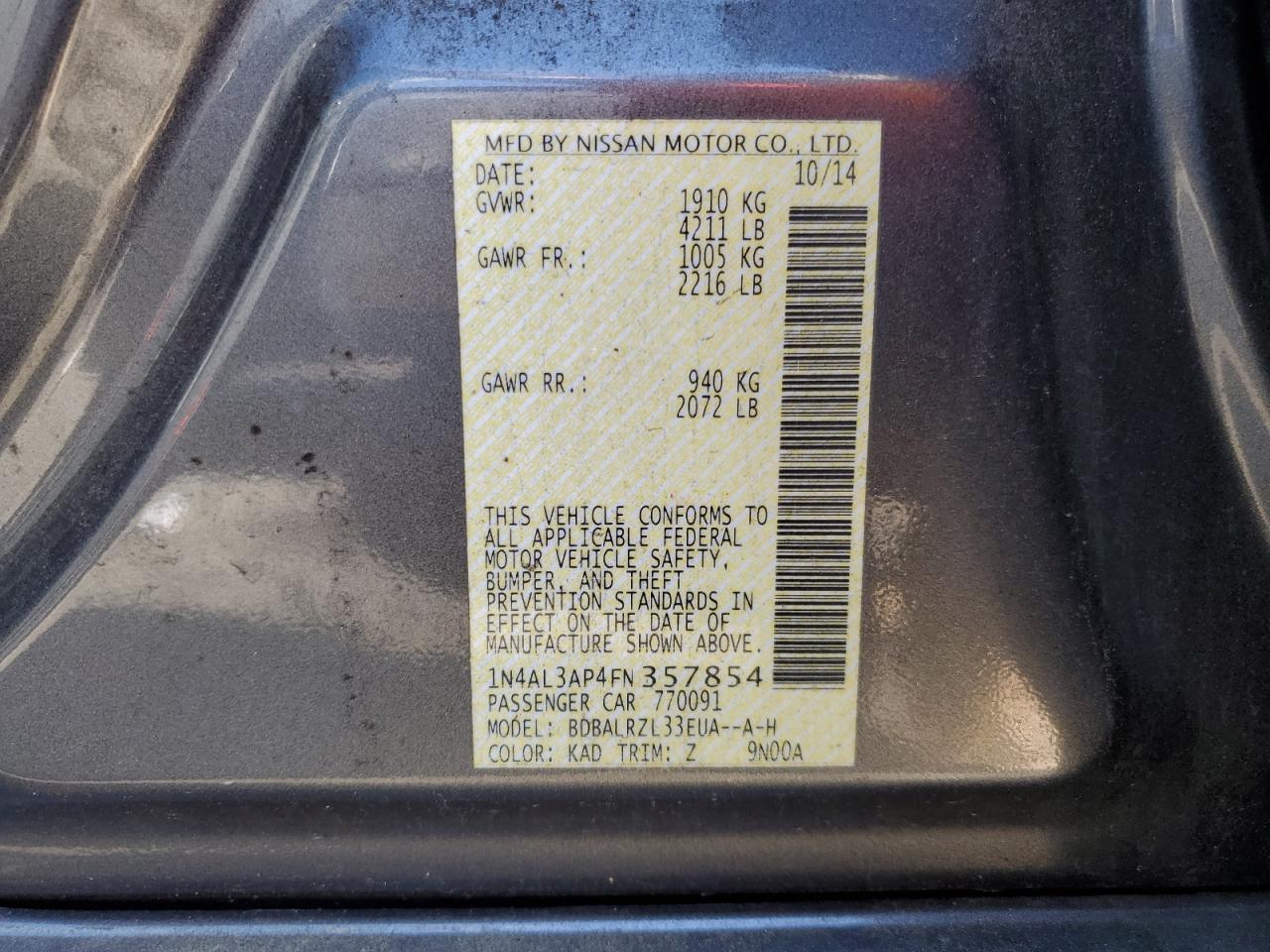 2015 Nissan Altima 2.5 VIN: 1N4AL3AP4FN357854 Lot: 64626765