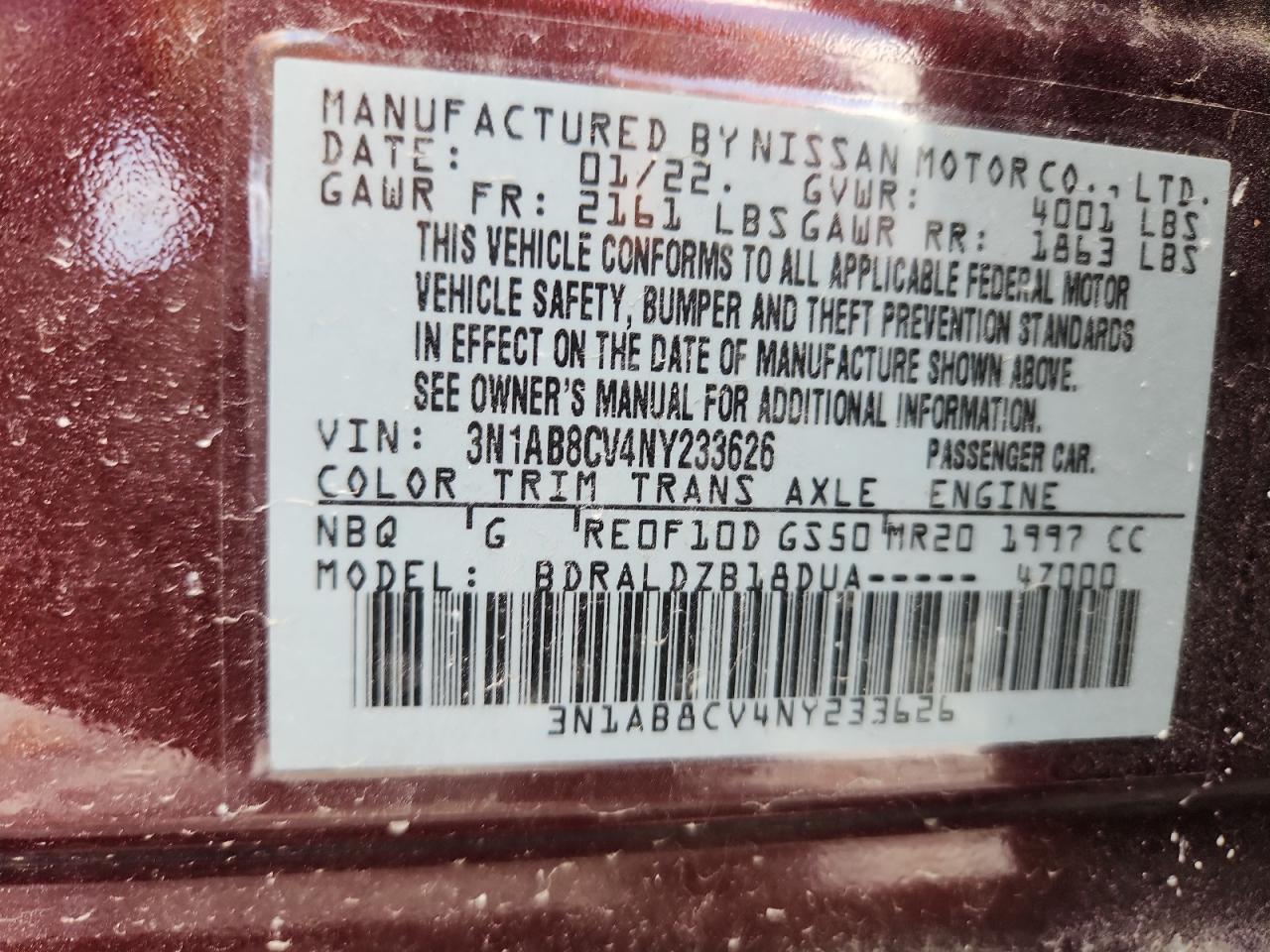 2022 Nissan Sentra Sv VIN: 3N1AB8CV4NY233626 Lot: 64016085