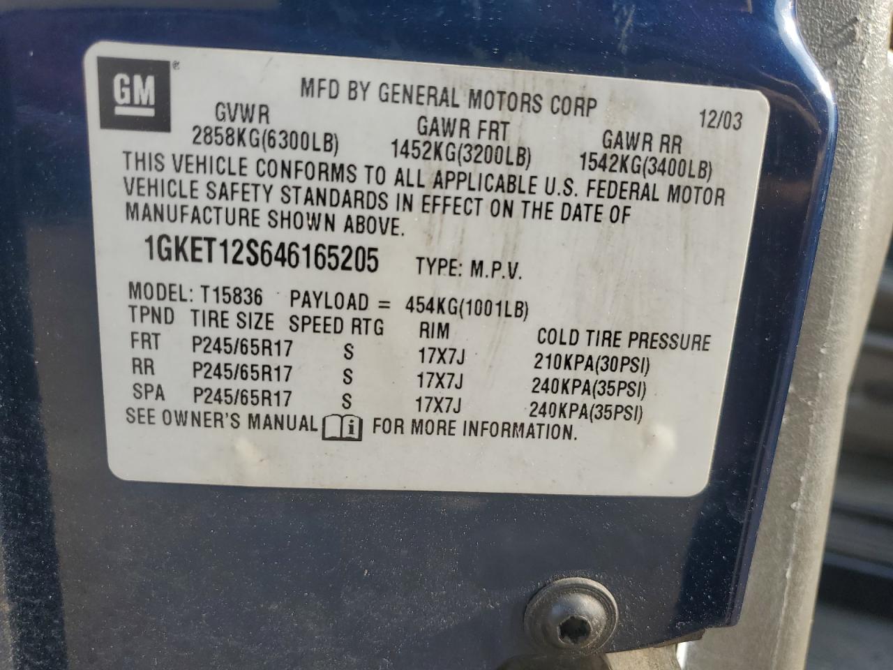 2004 GMC Envoy Xuv VIN: 1GKET12S646165205 Lot: 63994445