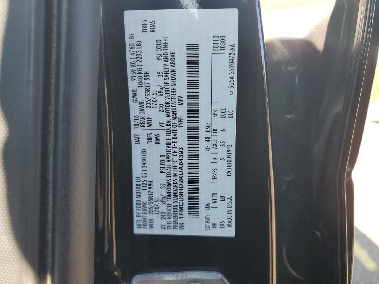 2019 Ford Escape Sel VIN: 1FMCU9HD2KUA04393 Lot: 65118635