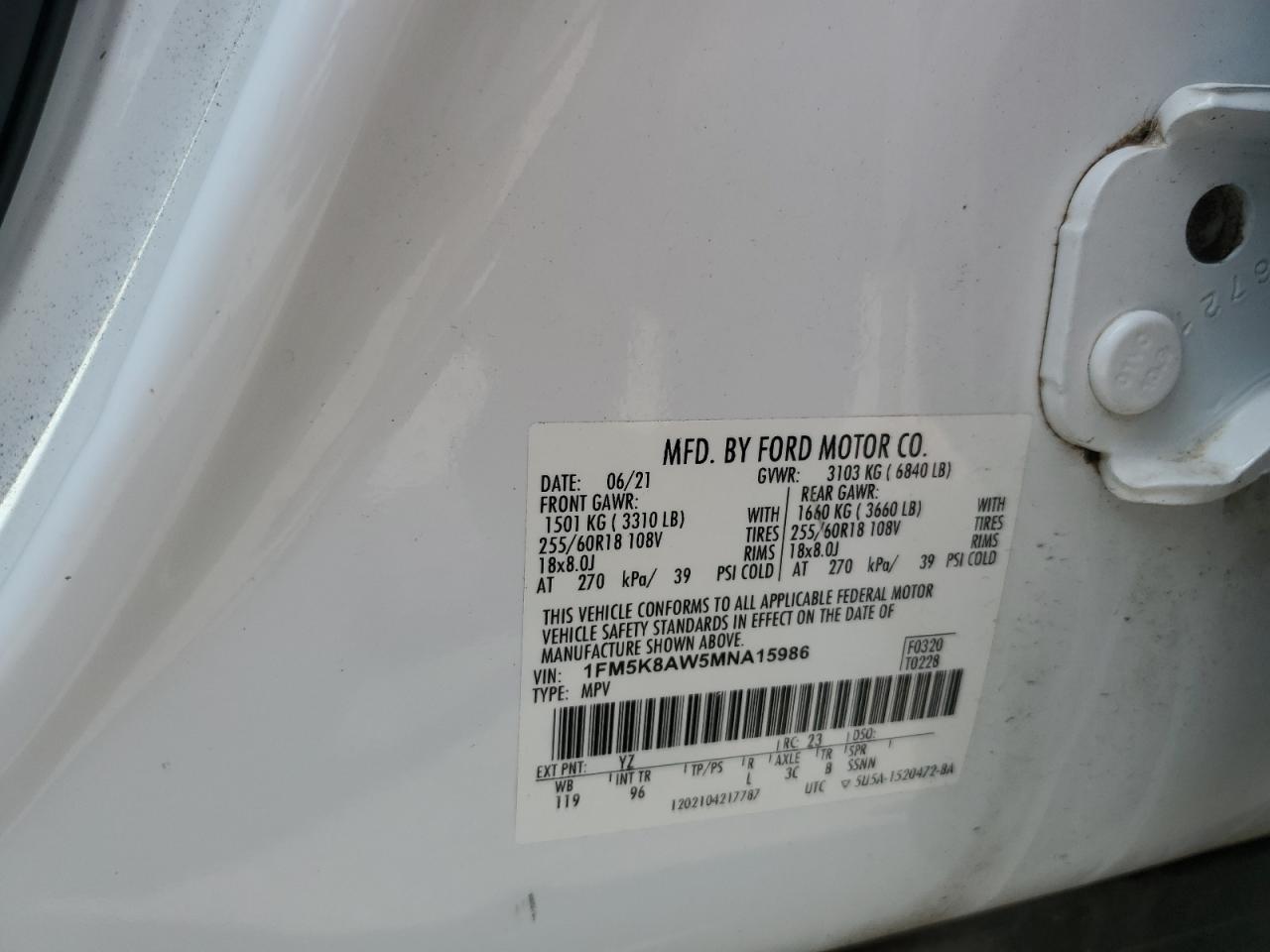 2021 Ford Explorer Police Interceptor VIN: 1FM5K8AW5MNA15986 Lot: 64391065