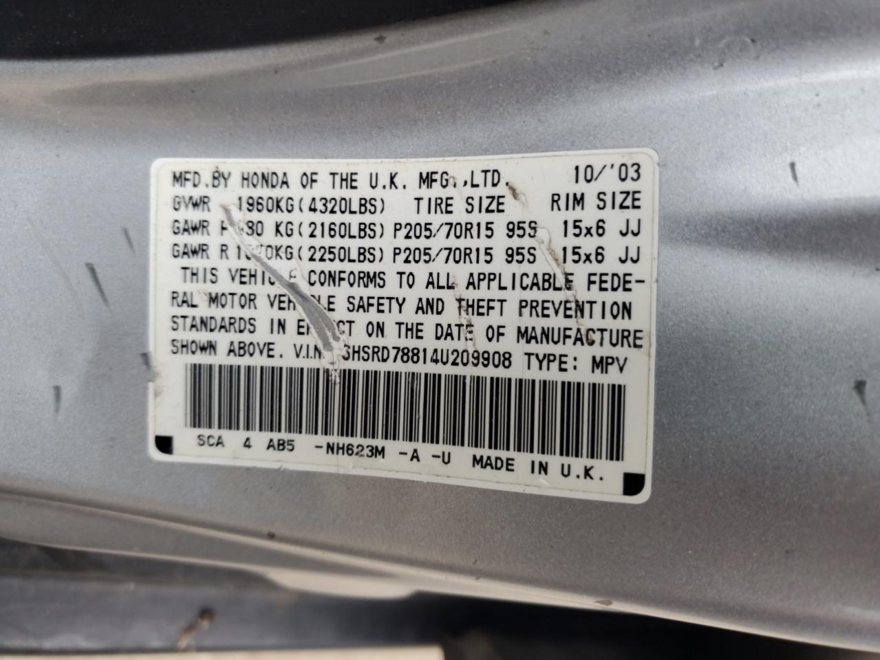 2004 Honda Cr-V Ex VIN: SHSRD78814U209908 Lot: 63219905