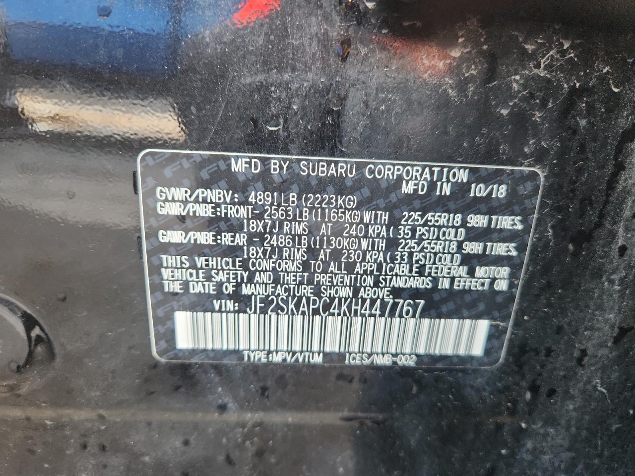 2019 Subaru Forester Sport VIN: JF2SKAPC4KH447767 Lot: 64512585