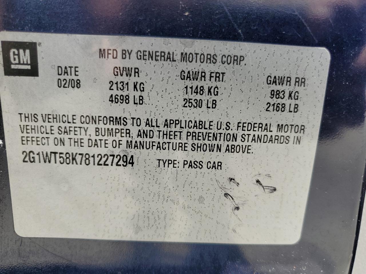 2008 Chevrolet Impala Lt VIN: 2G1WT58K781227294 Lot: 64247575