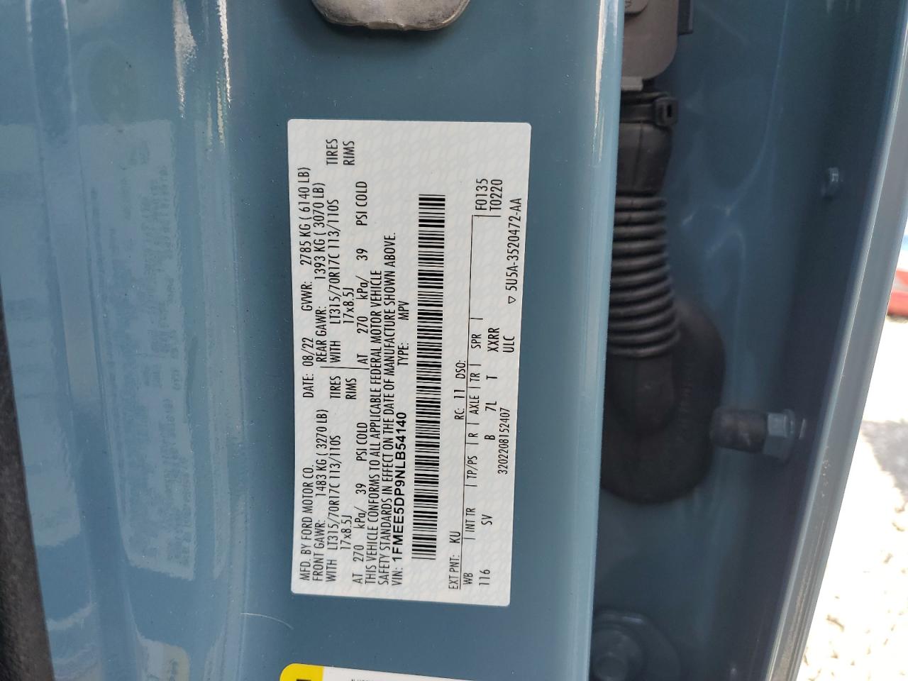 2022 Ford Bronco Base VIN: 1FMEE5DP9NLB54140 Lot: 63028935