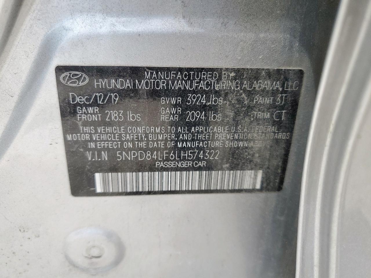 2020 Hyundai Elantra Sel VIN: 5NPD84LF6LH574322 Lot: 64760985