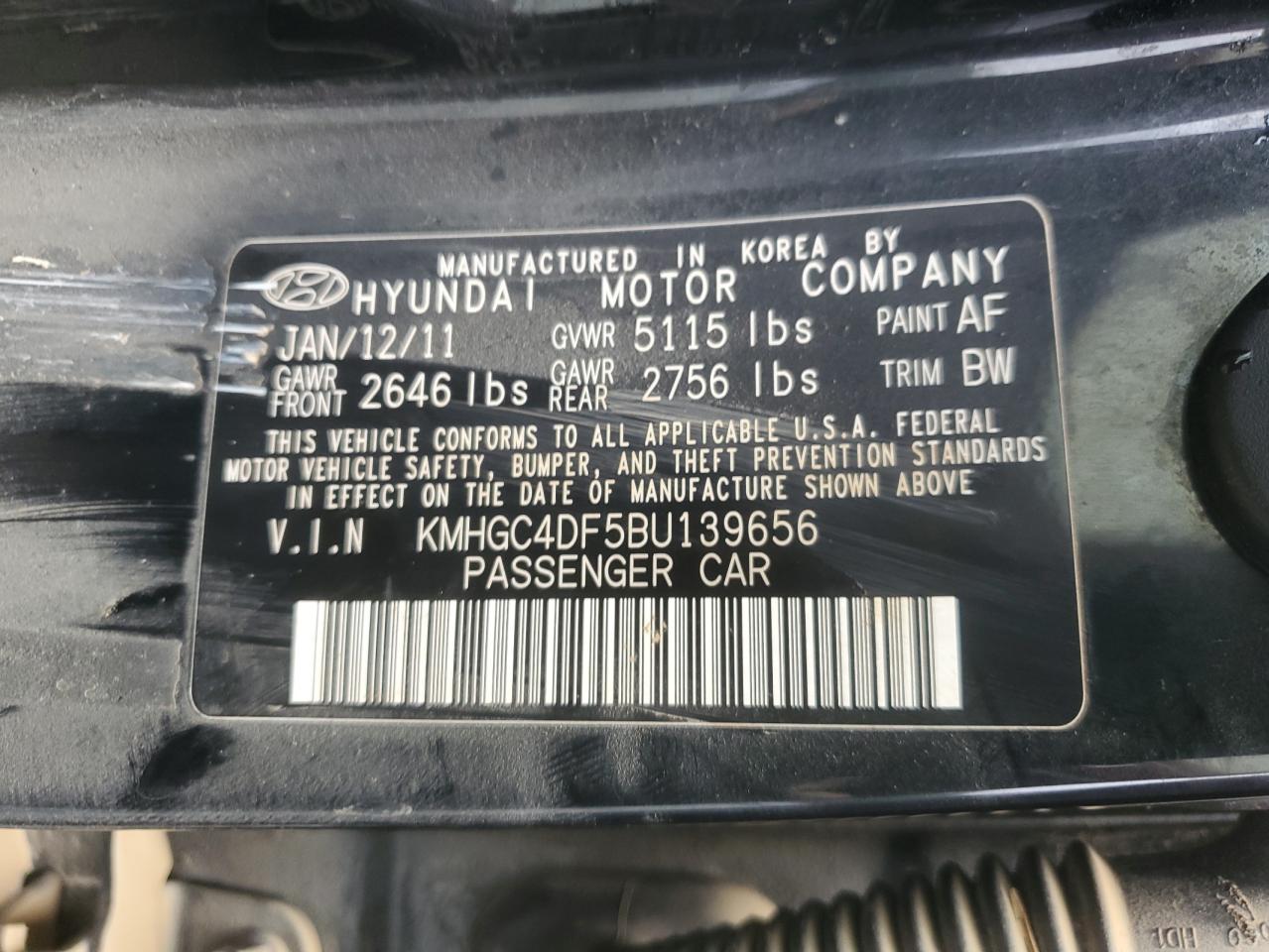 2011 Hyundai Genesis 4.6L VIN: KMHGC4DF5BU139656 Lot: 64033625