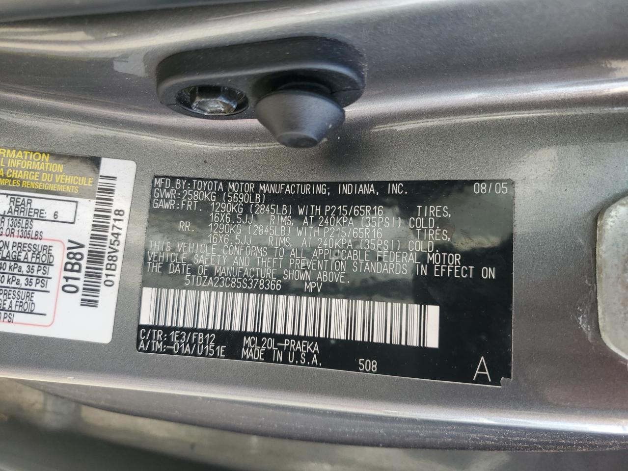 2005 Toyota Sienna Ce VIN: 5TDZA23C85S378366 Lot: 65280995