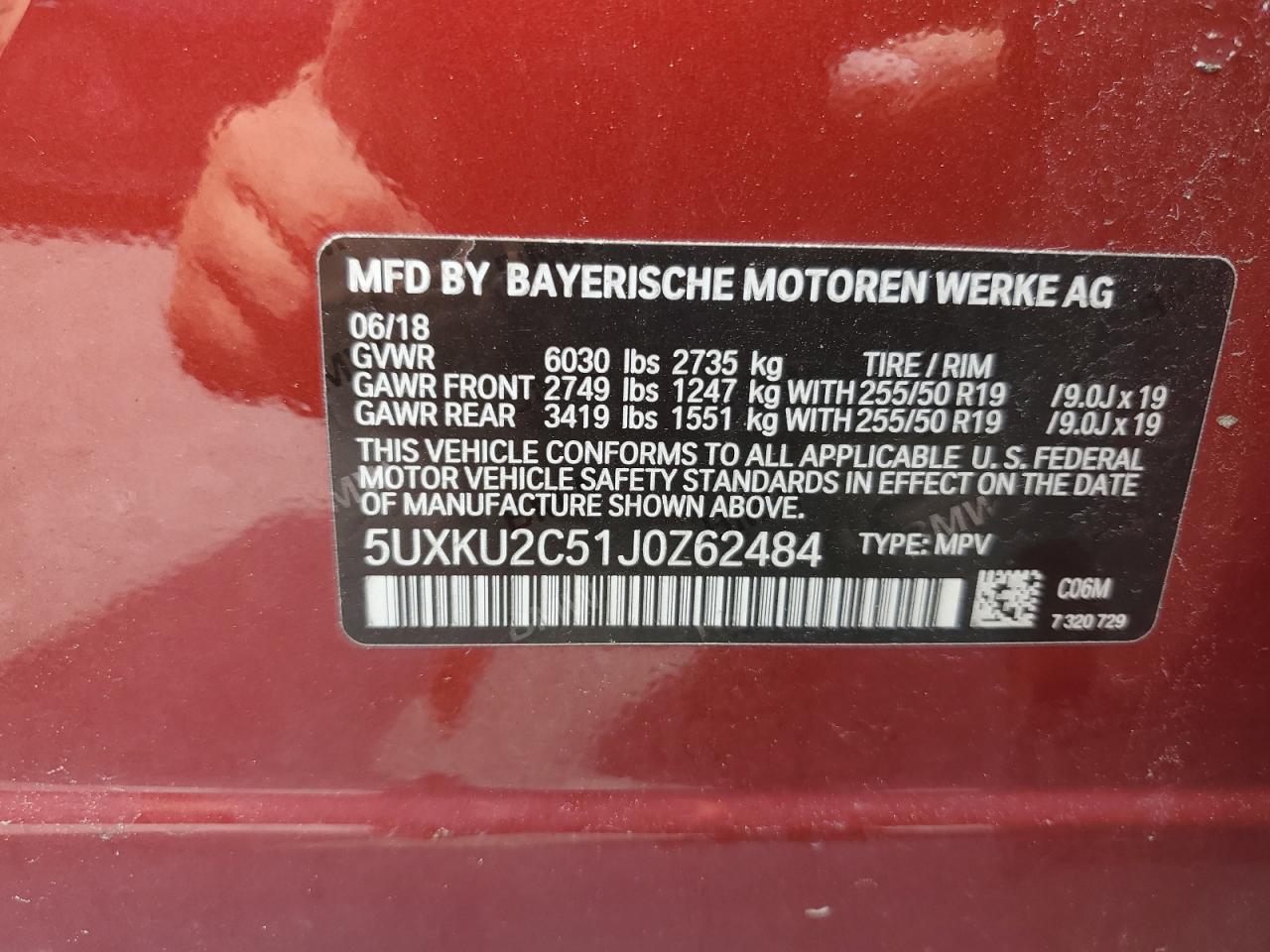 2018 BMW X6 xDrive35I VIN: 5UXKU2C51J0Z62484 Lot: 63047735