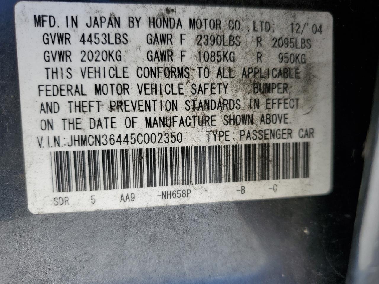 2005 Honda Accord Hybrid VIN: JHMCN36445C002350 Lot: 63108765