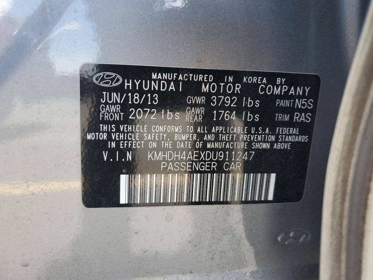 2013 Hyundai Elantra Gls VIN: KMHDH4AEXDU911247 Lot: 63348095