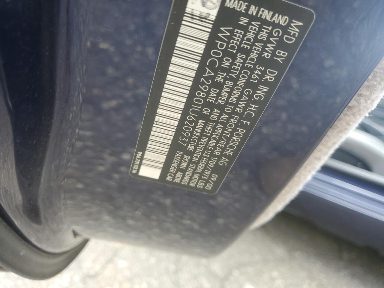 2001 Porsche Boxster VIN: WP0CA29801U620937 Lot: 63253845