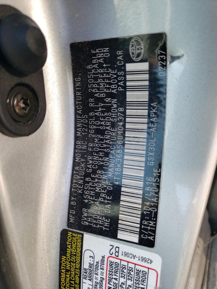 2006 Toyota Avalon Xl VIN: 4T1BK36B56U104378 Lot: 64016215