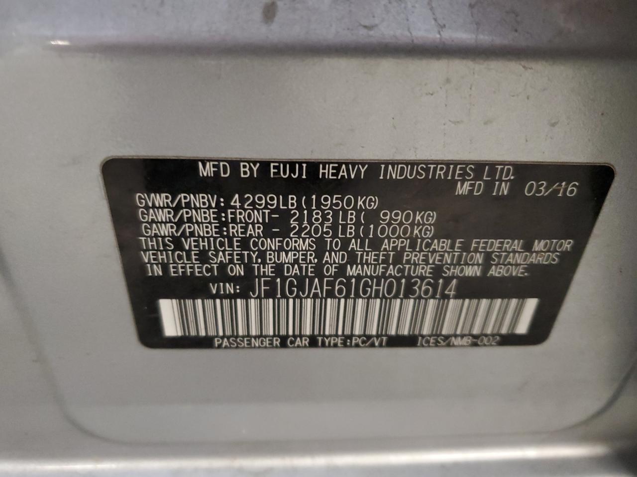 2016 Subaru Impreza Premium Plus VIN: JF1GJAF61GH013614 Lot: 64470085