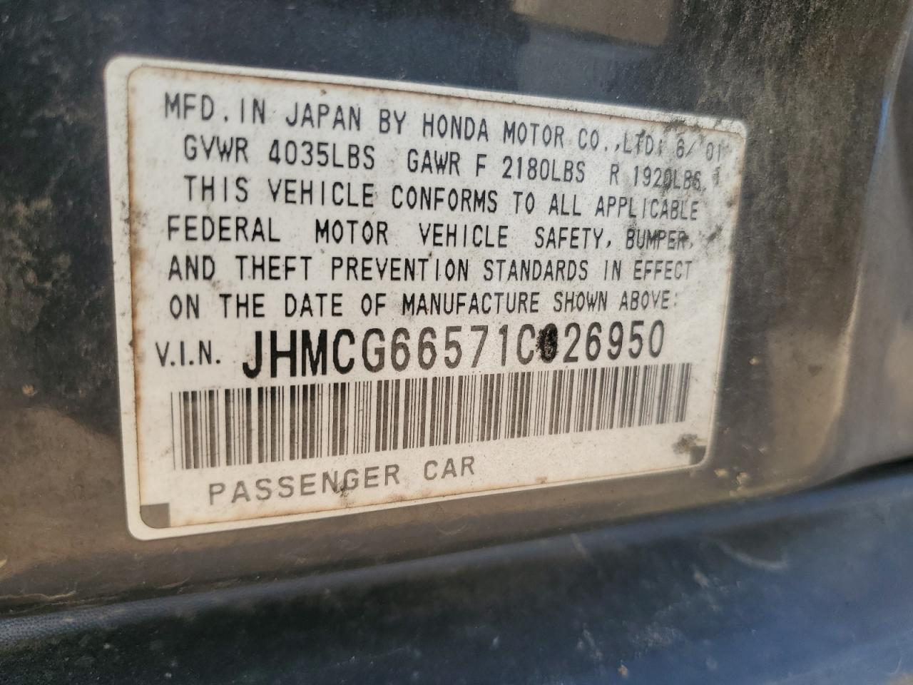 2001 Honda Accord Lx VIN: JHMCG66571C026950 Lot: 64824185