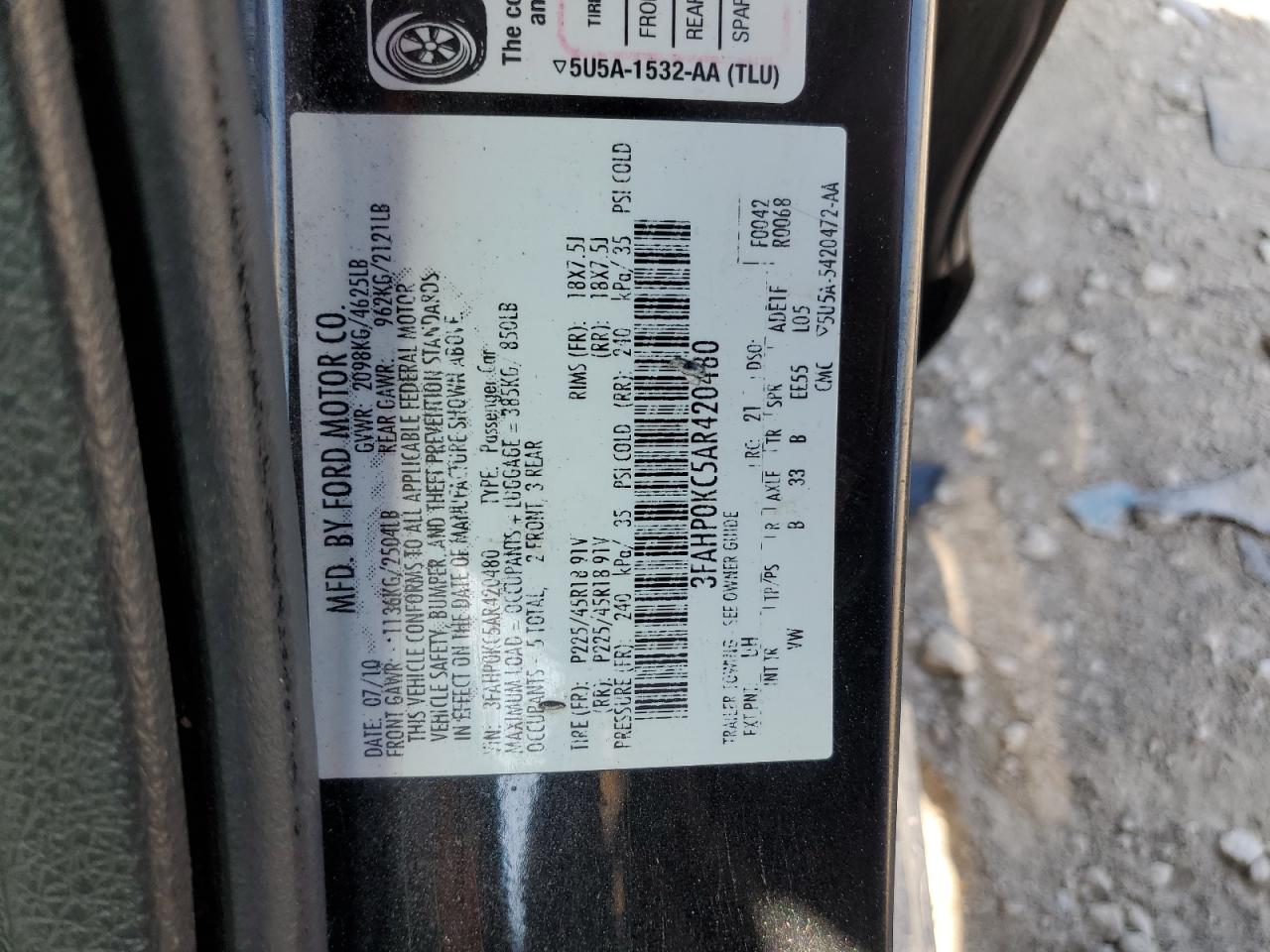 2010 Ford Fusion Sport VIN: 3FAHP0KC5AR420480 Lot: 64599475