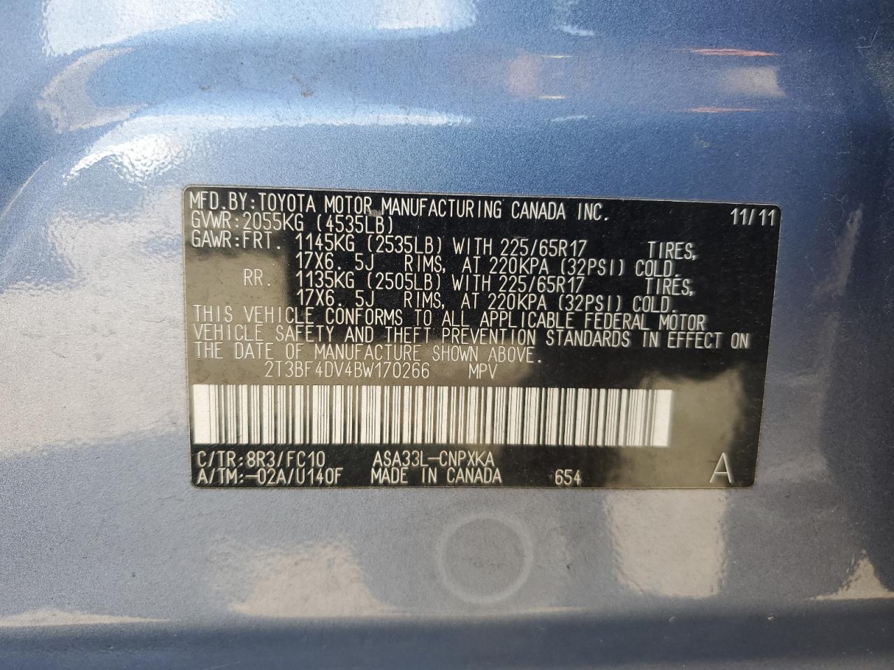 2011 Toyota Rav4 VIN: 2T3BF4DV4BW170266 Lot: 63325095