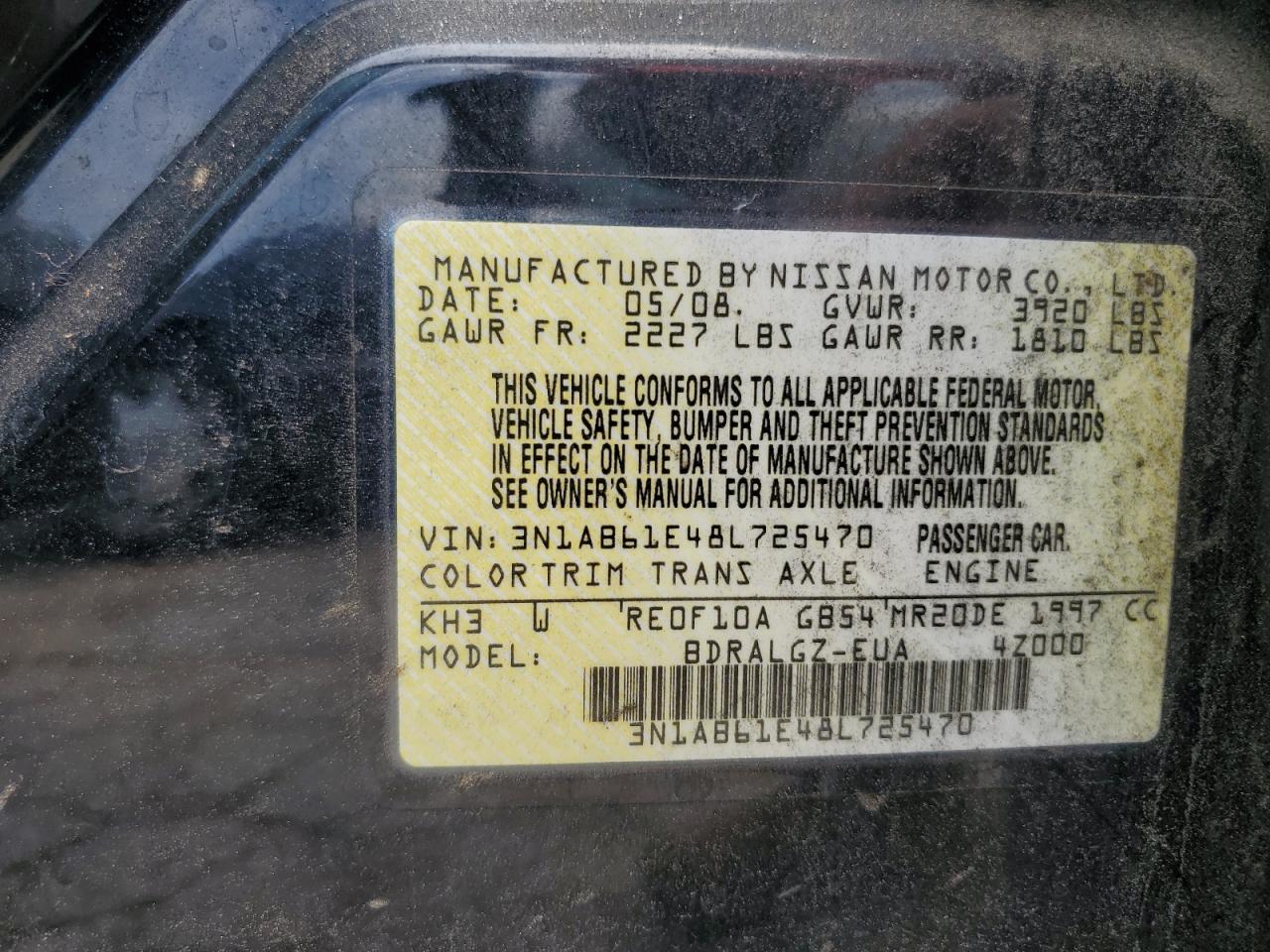 2008 Nissan Sentra 2.0 VIN: 3N1AB61E48L725470 Lot: 63000385