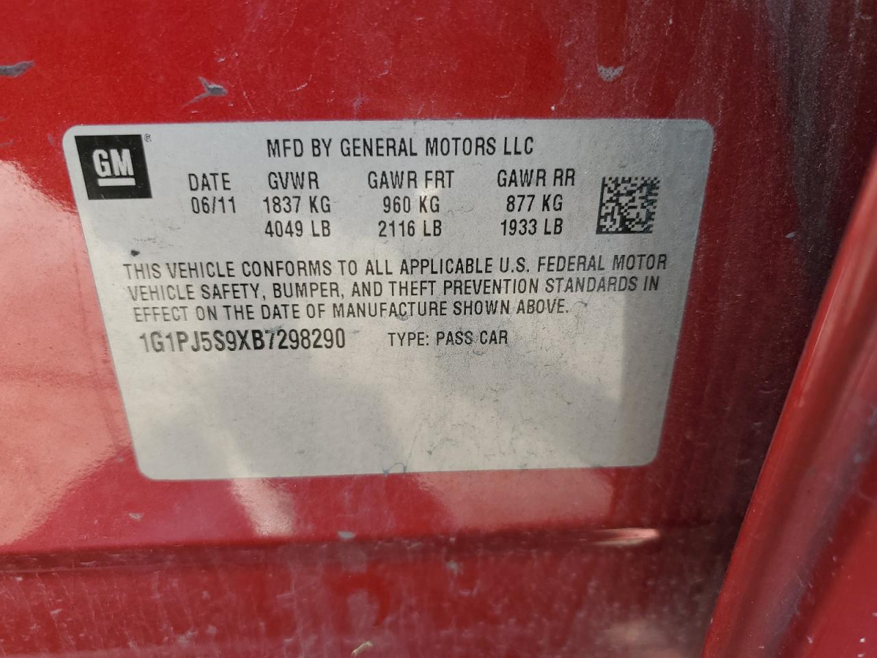 2011 Chevrolet Cruze Eco VIN: 1G1PJ5S9XB7298290 Lot: 63792935
