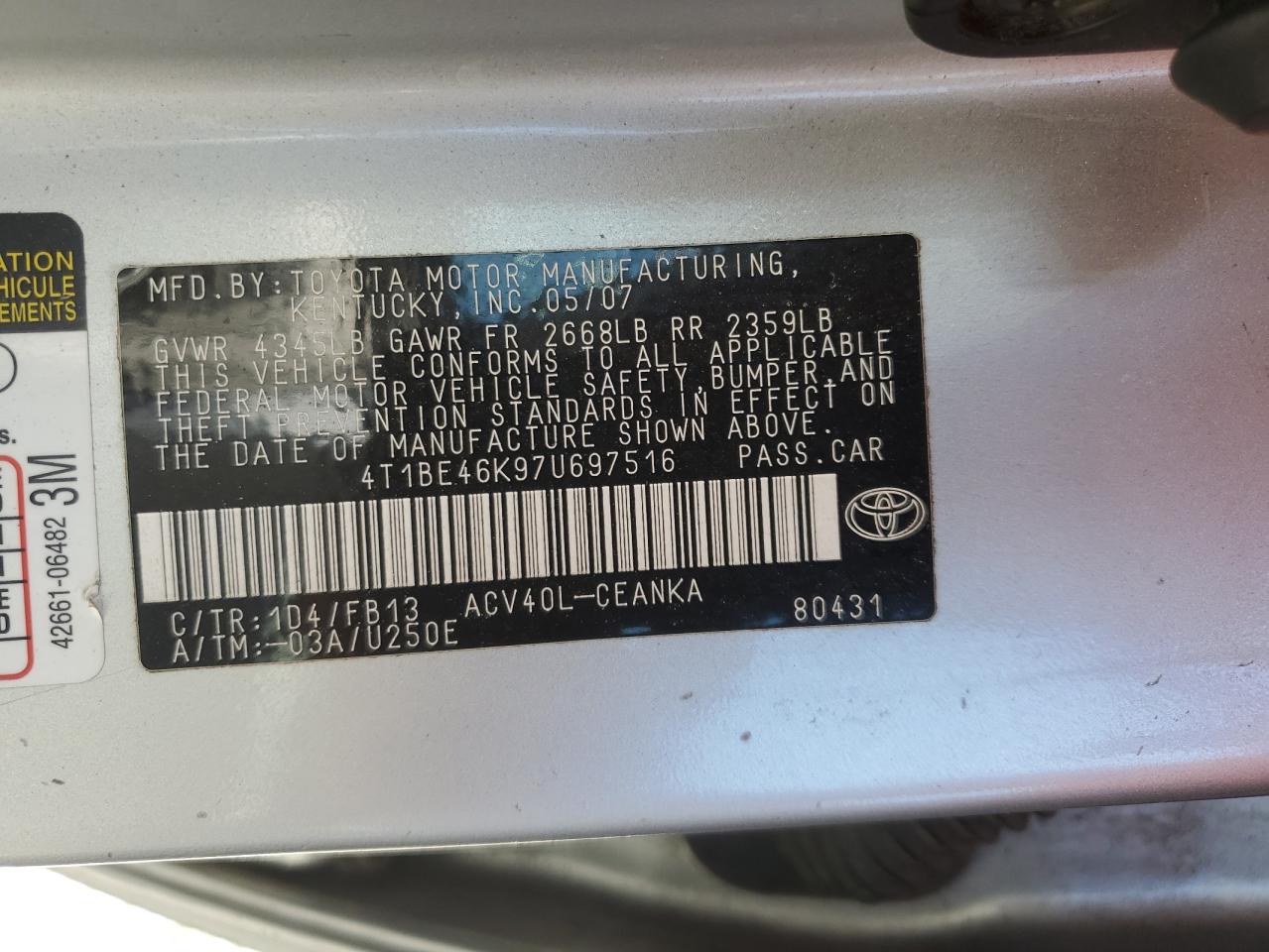 2007 Toyota Camry Ce VIN: 4T1BE46K97U697516 Lot: 63607885