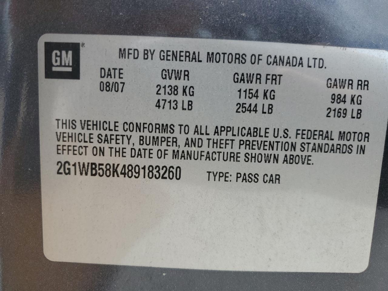 2008 Chevrolet Impala Ls VIN: 2G1WB58K489183260 Lot: 63265575