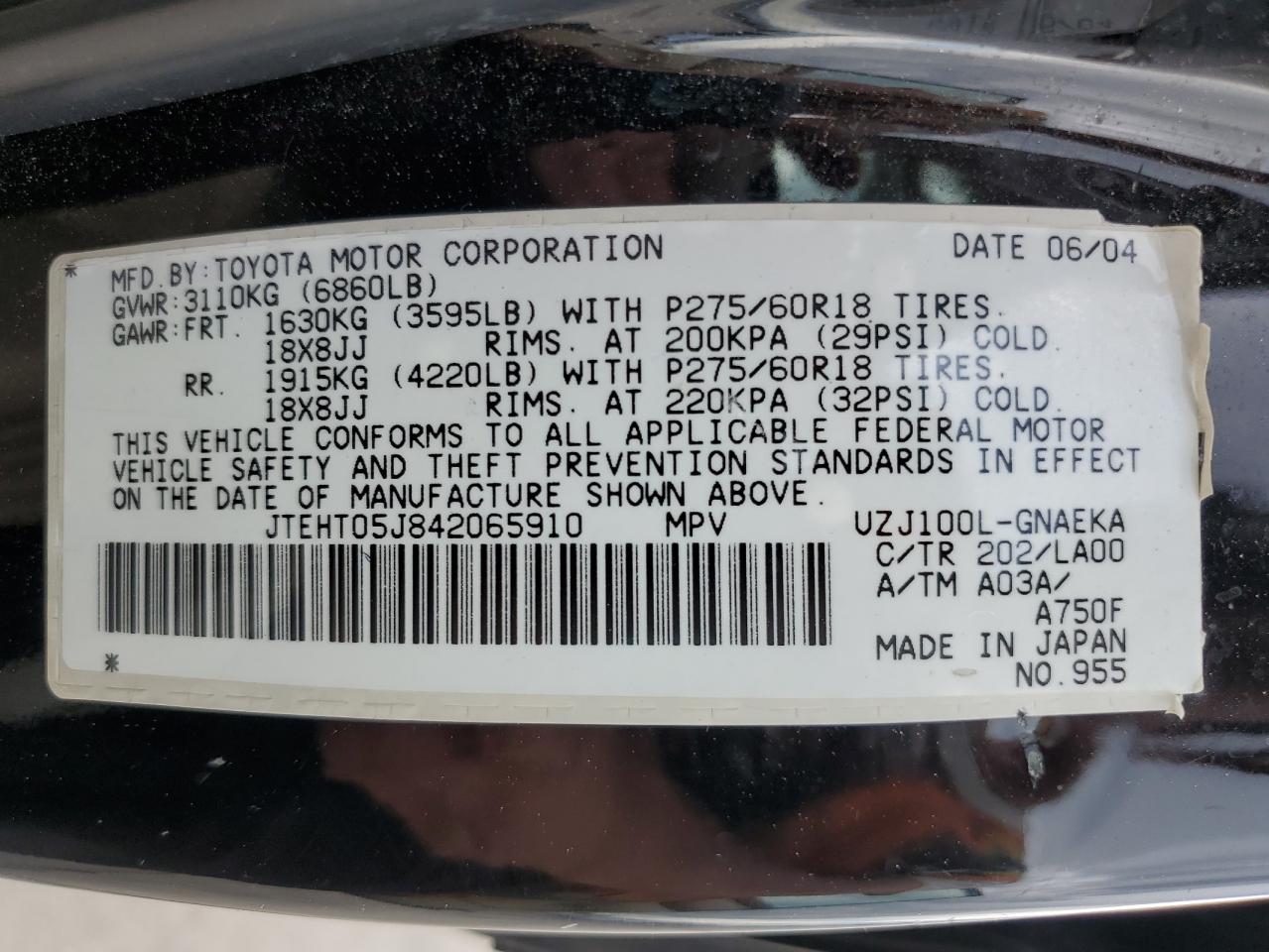 2004 Toyota Land Cruiser VIN: JTEHT05J842065910 Lot: 63325695