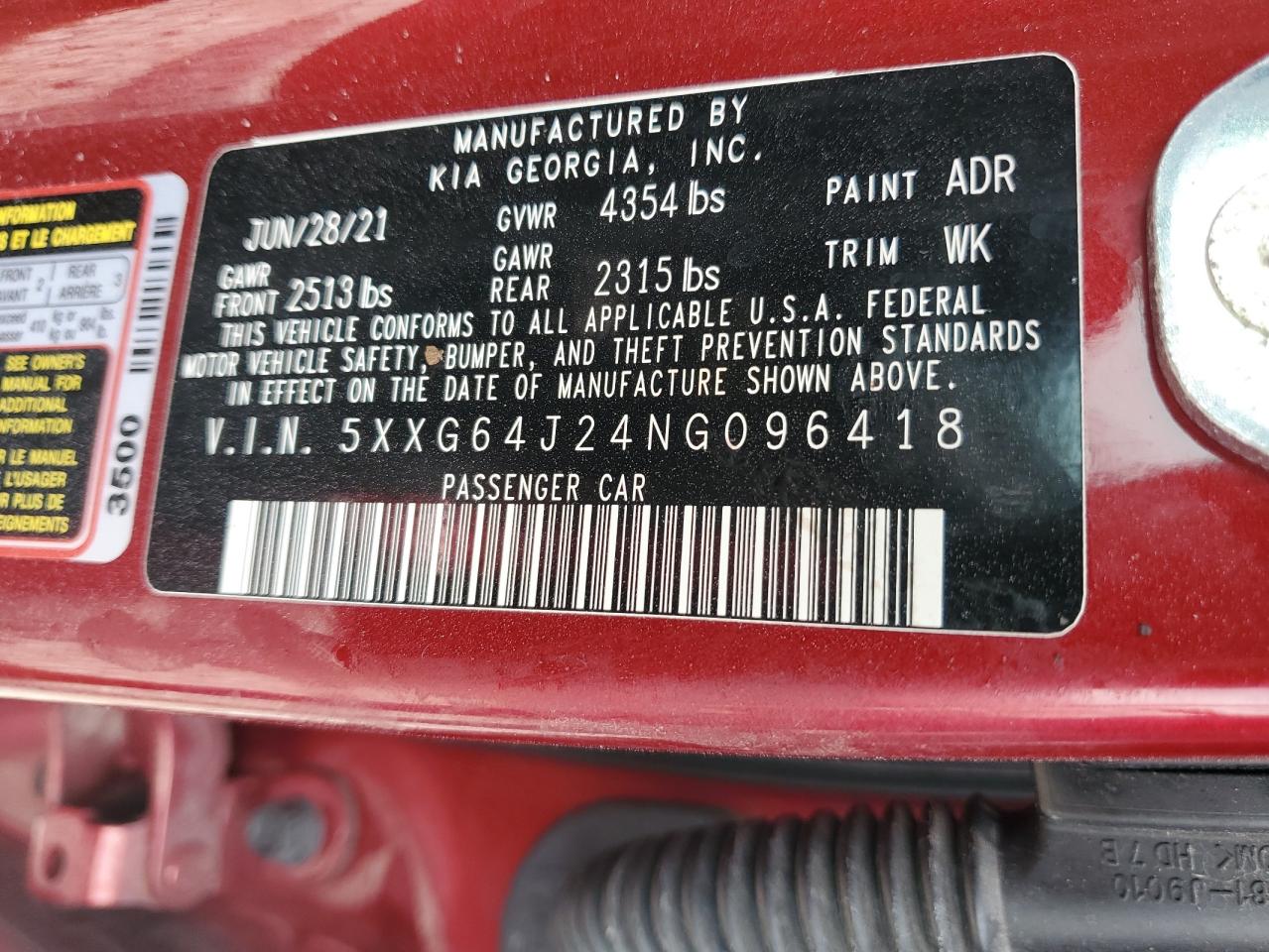 2022 Kia K5 Gt Line VIN: 5XXG64J24NG096418 Lot: 64418375