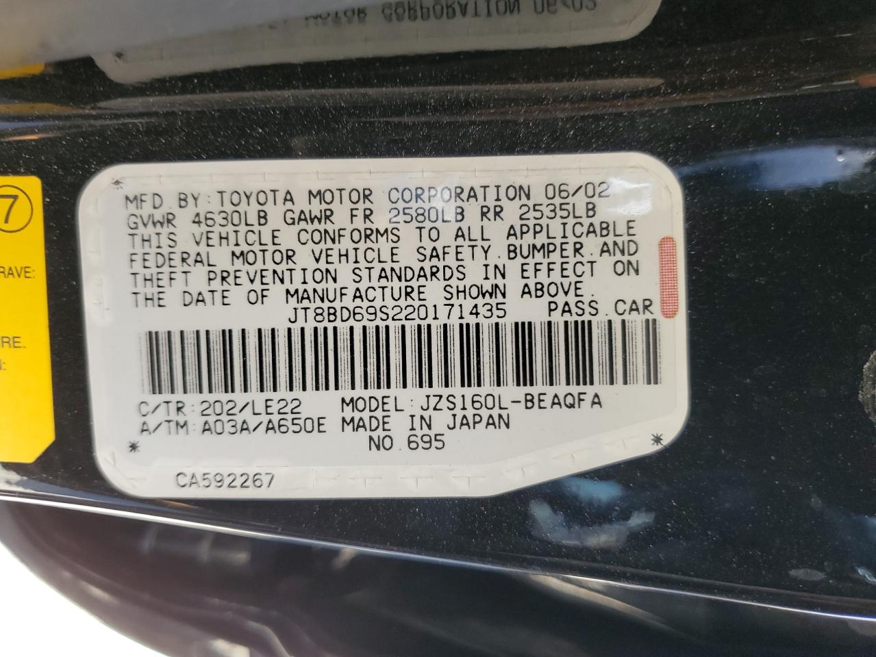 2002 Lexus Gs 300 VIN: JT8BD69S220171435 Lot: 64117335
