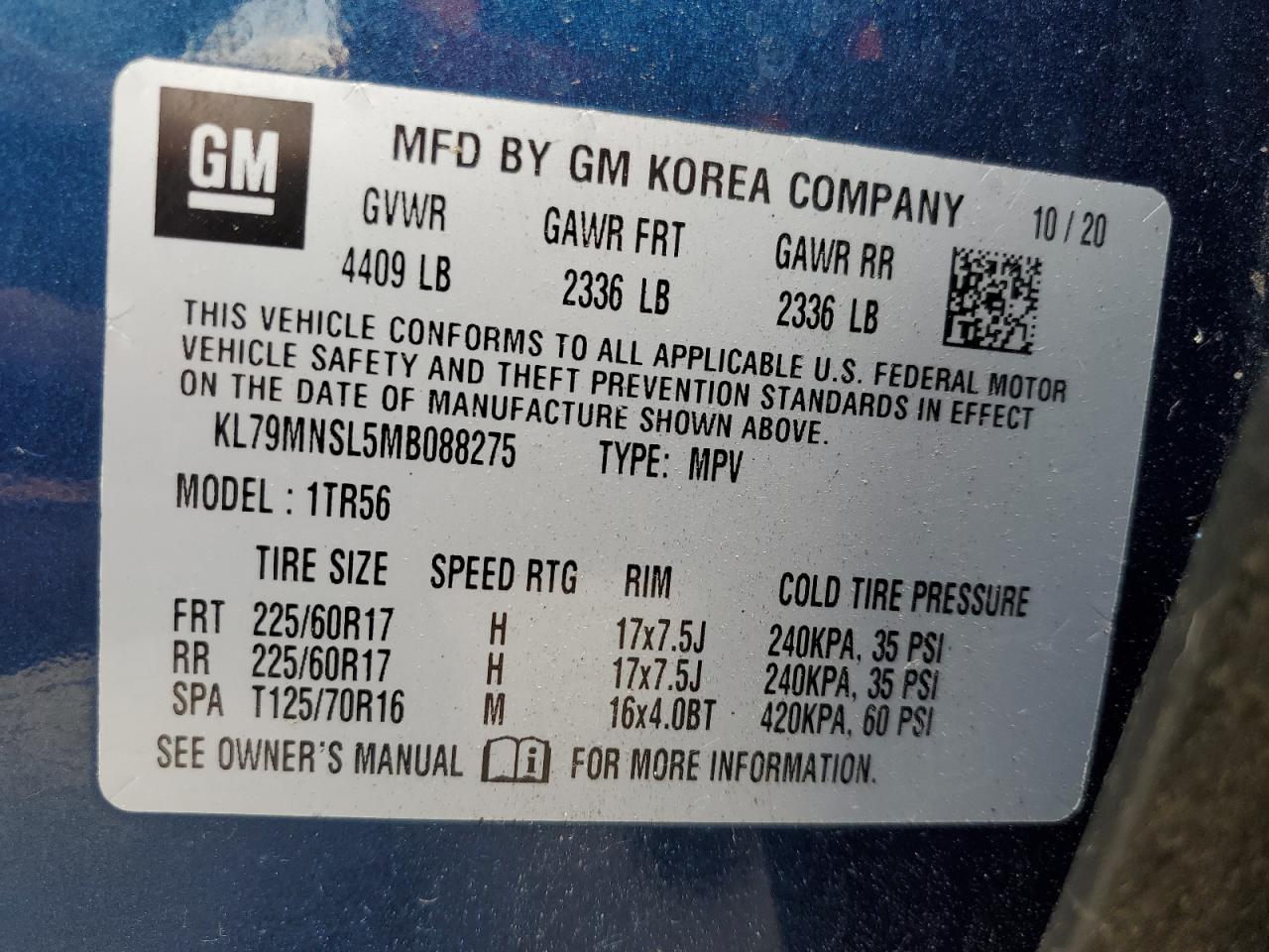 2021 Chevrolet Trailblazer Ls VIN: KL79MNSL5MB088275 Lot: 65511265