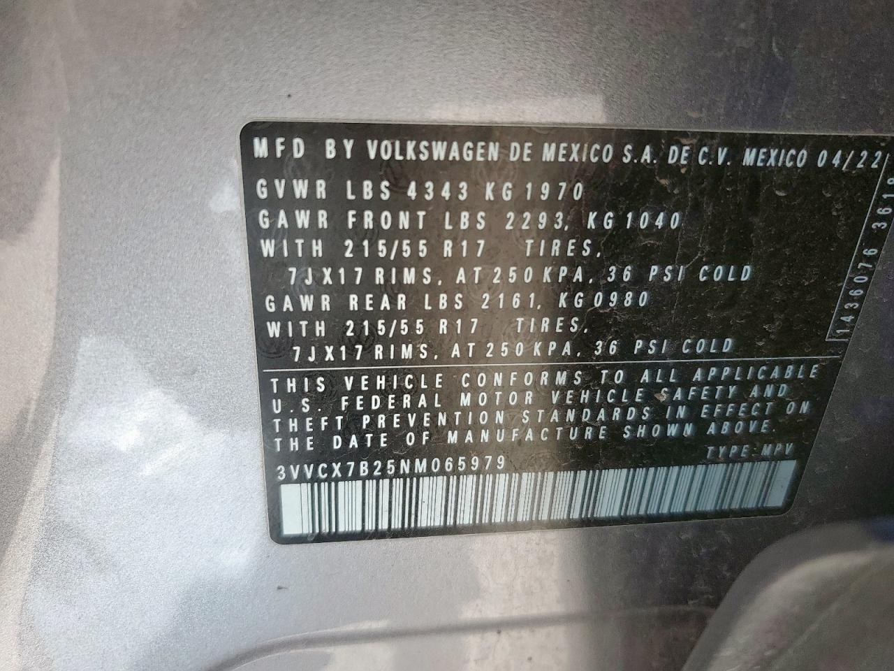 3vvcx7b25nm065979 3VVCX7B25NM065979 2022 Volkswagen Taos S