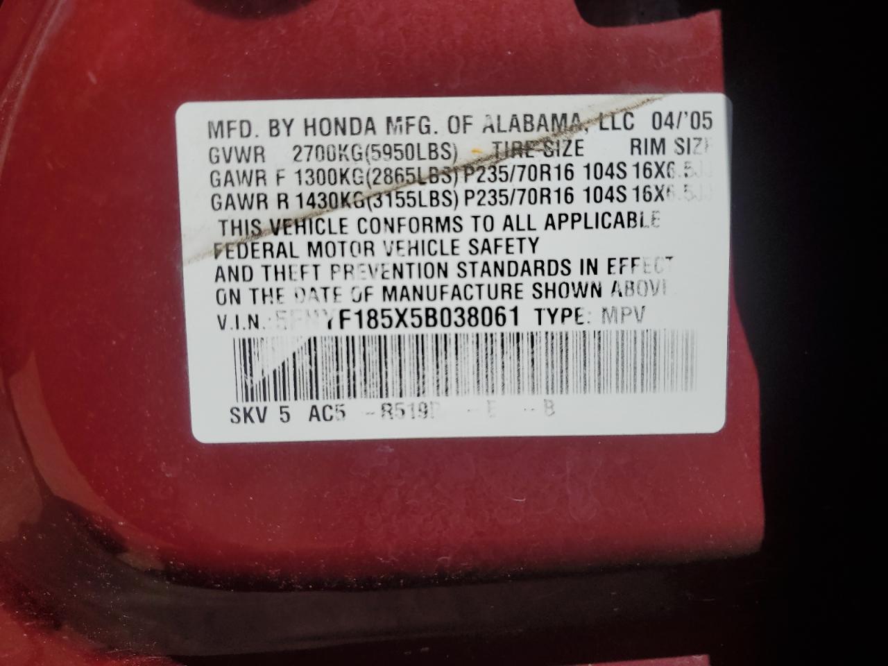 2005 Honda Pilot Exl VIN: 5FNYF185X5B038061 Lot: 64967835