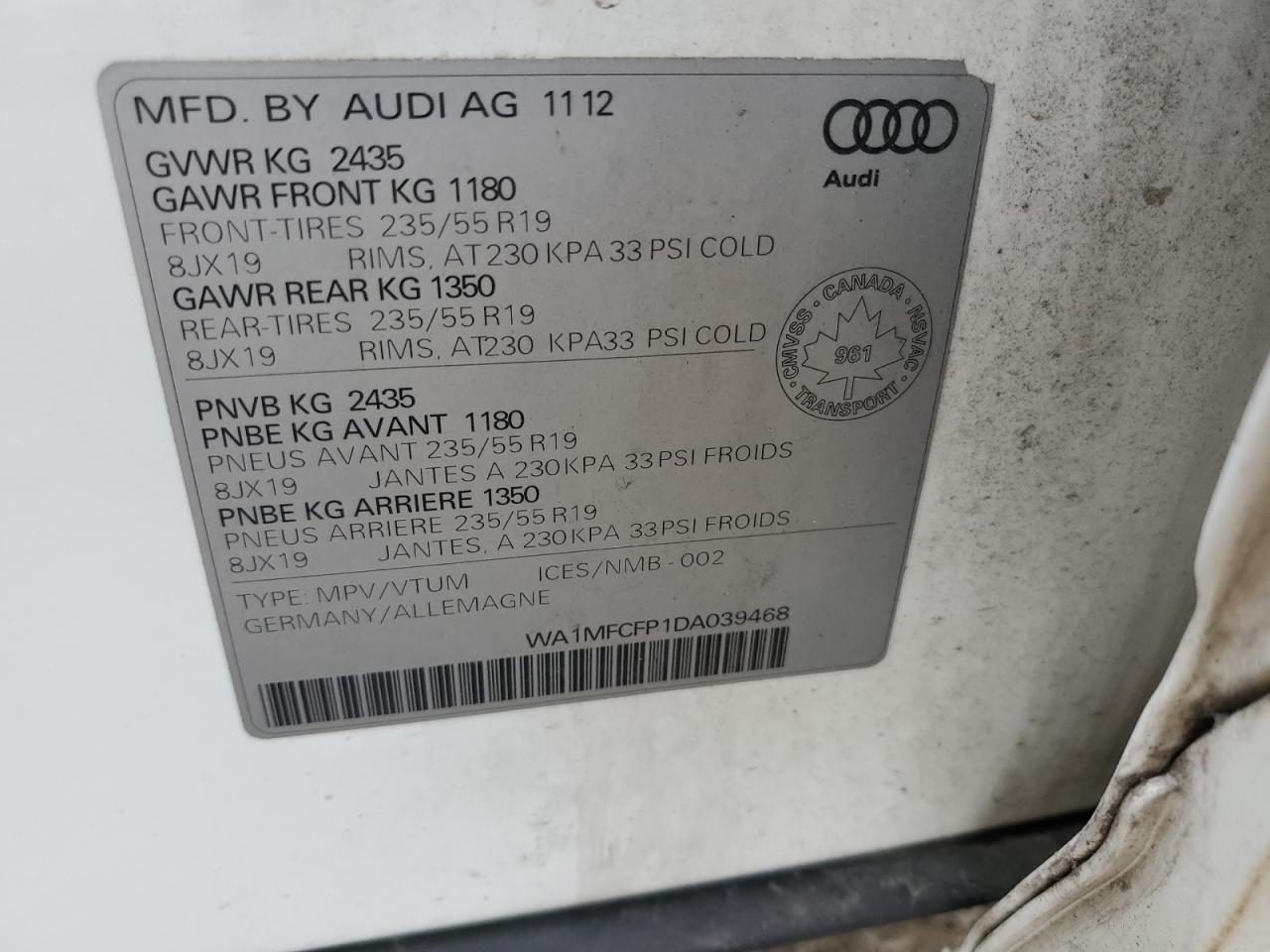 2013 Audi Q5 Premium VIN: WA1MFCFP1DA039468 Lot: 65001585