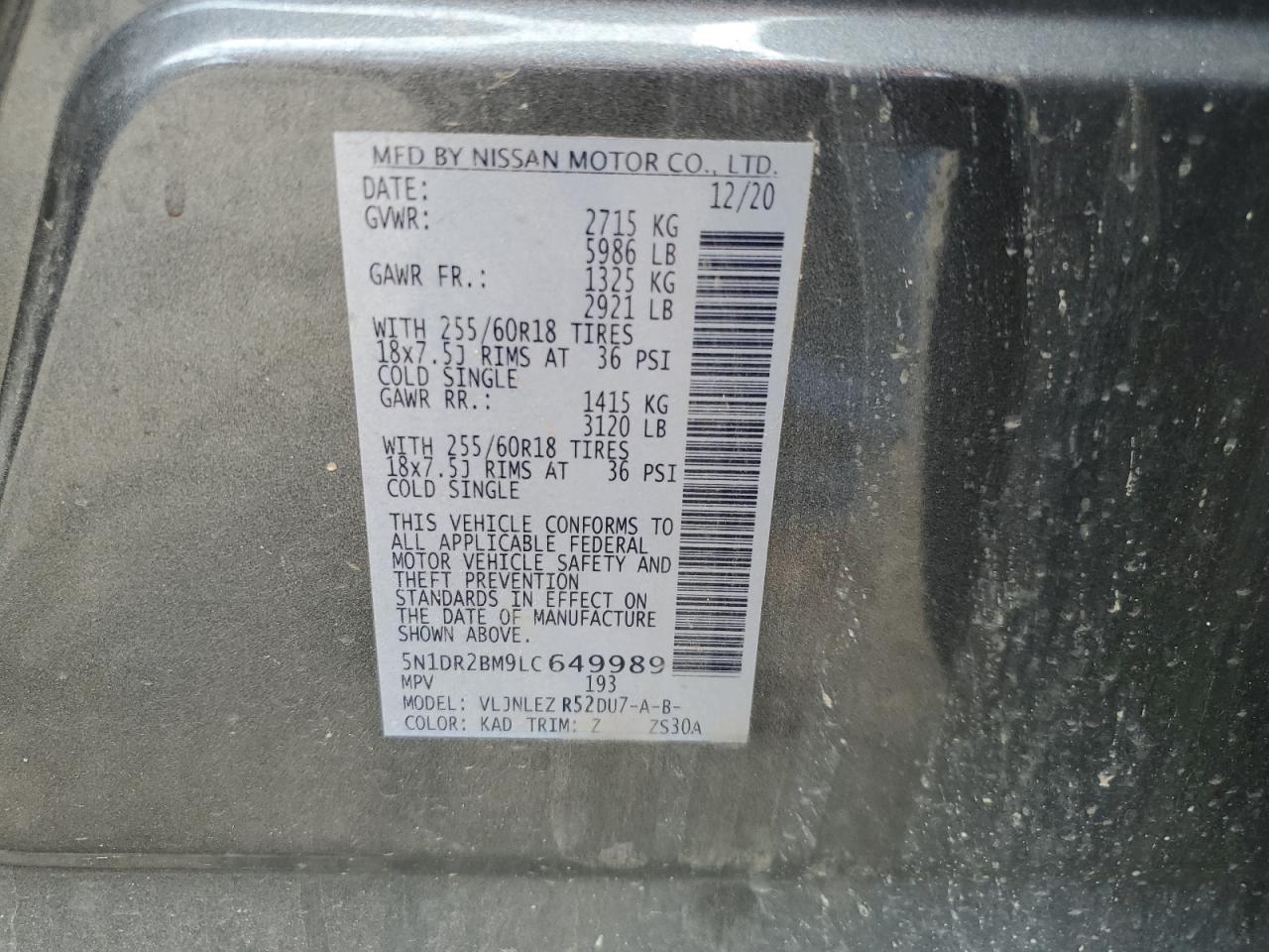 2020 Nissan Pathfinder Sv VIN: 5N1DR2BM9LC649989 Lot: 65150255