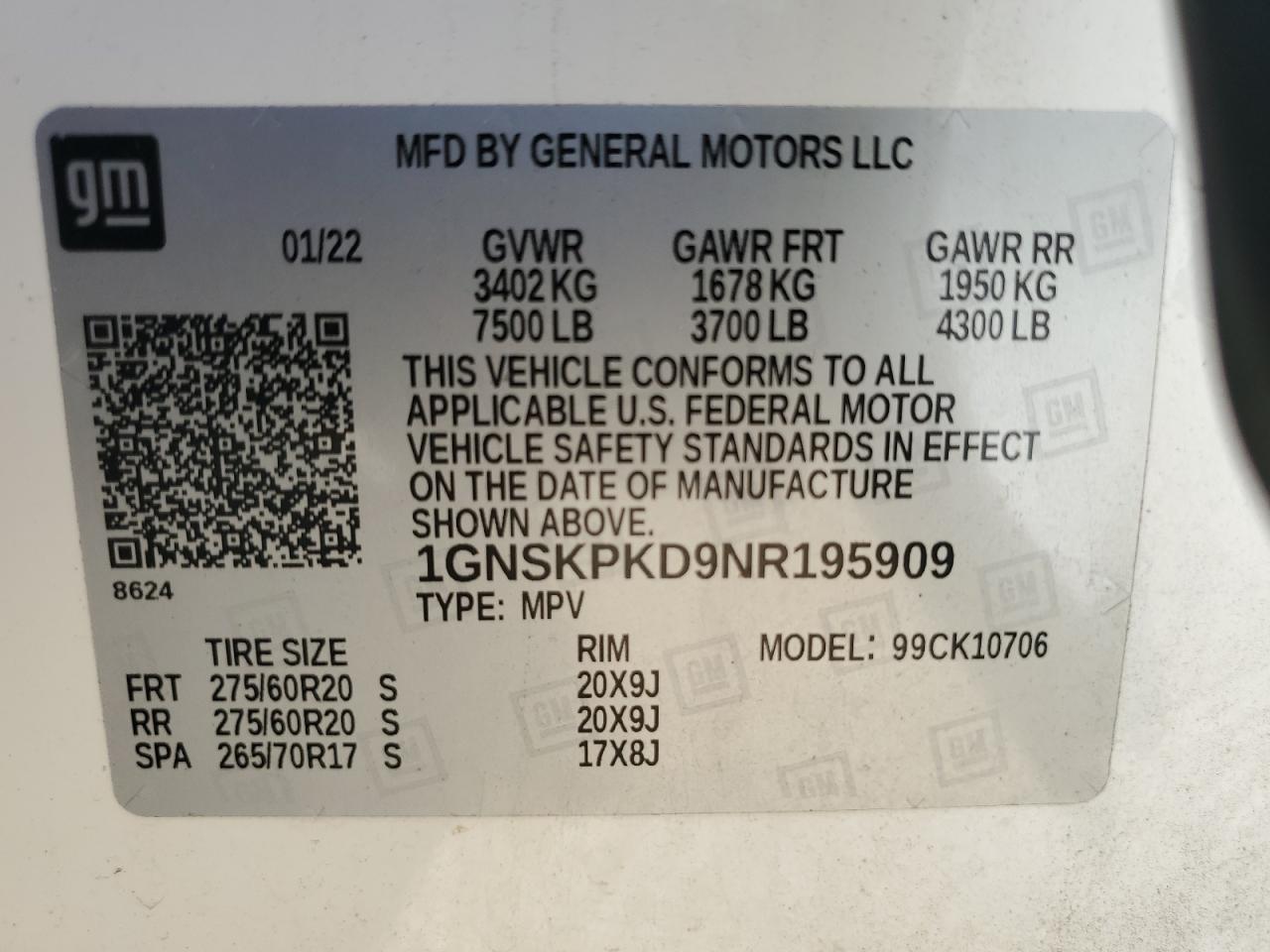 2022 Chevrolet Tahoe K1500 Z71 VIN: 1GNSKPKD9NR195909 Lot: 65222715