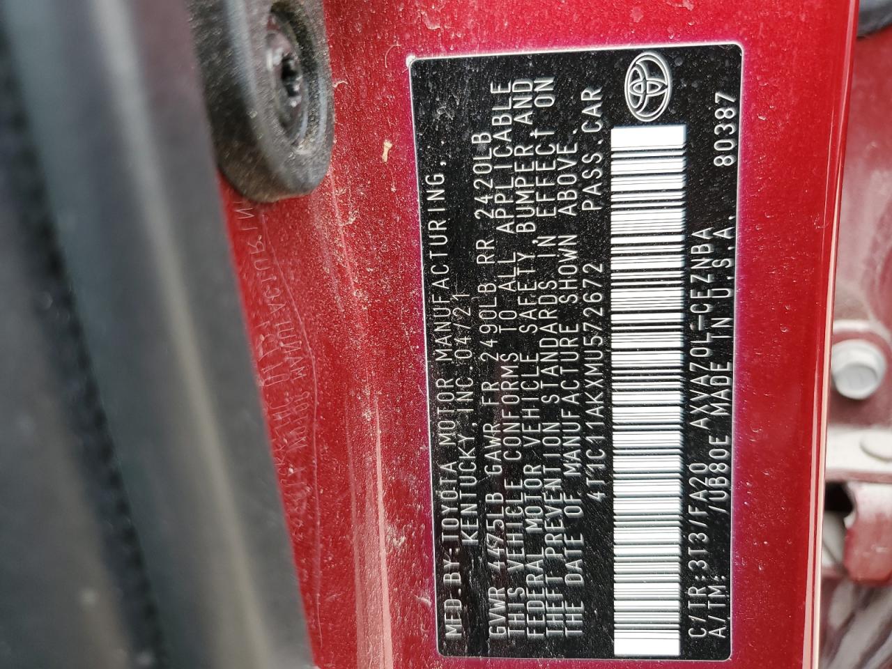 2021 Toyota Camry Le VIN: 4T1C11AKXMU572672 Lot: 62947075