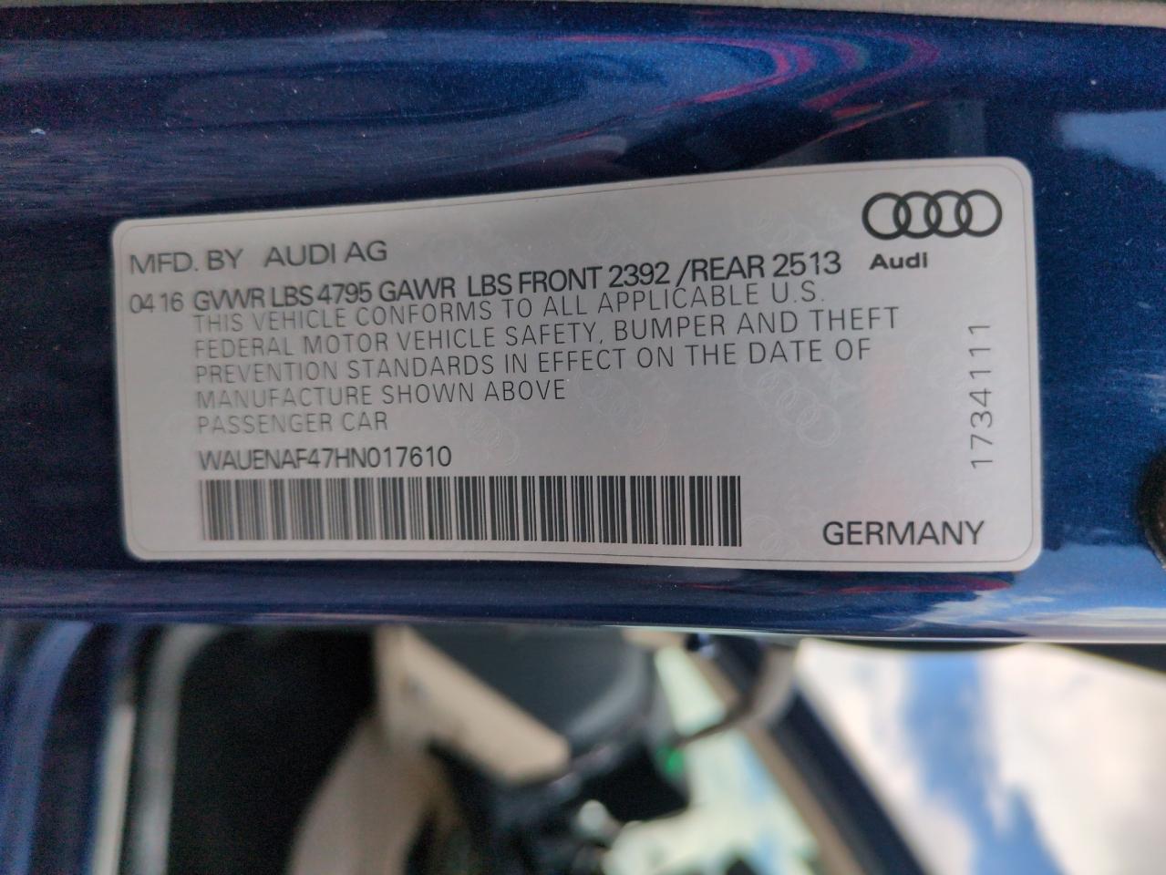 2017 Audi A4 Premium Plus VIN: WAUENAF47HN017610 Lot: 63445565
