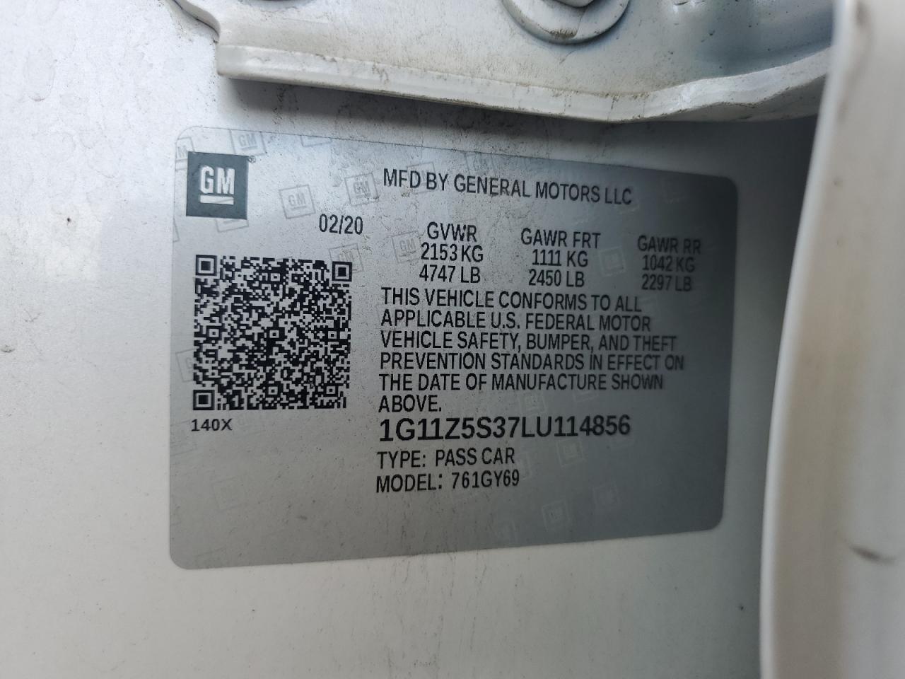 2020 Chevrolet Impala Lt VIN: 1G11Z5S37LU114856 Lot: 64874205