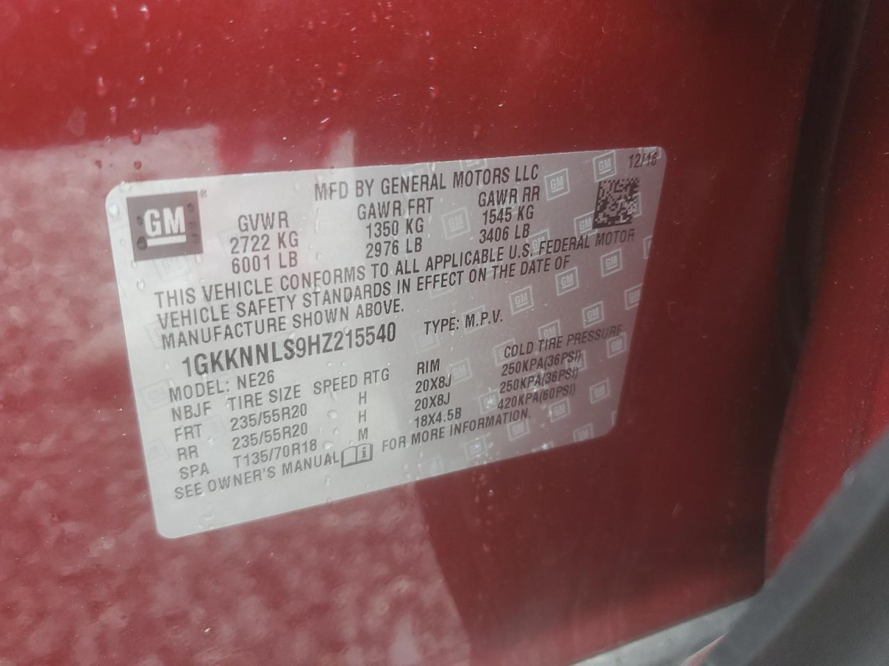 2018 GMC Acadia Slt-2 VIN: 1GKKNNLS9HZ215540 Lot: 64818055