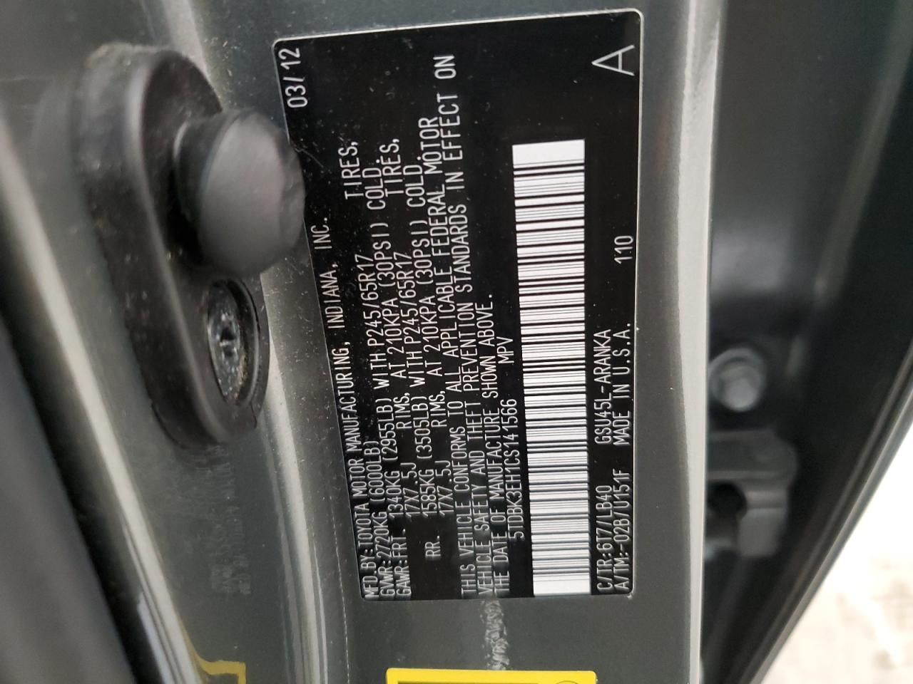2012 Toyota Highlander Base VIN: 5TDBK3EH1CS141566 Lot: 64690065