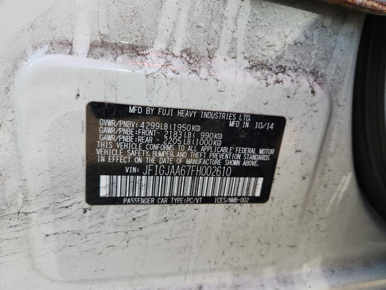 2015 Subaru Impreza VIN: JF1GJAA67FH002610 Lot: 65335135