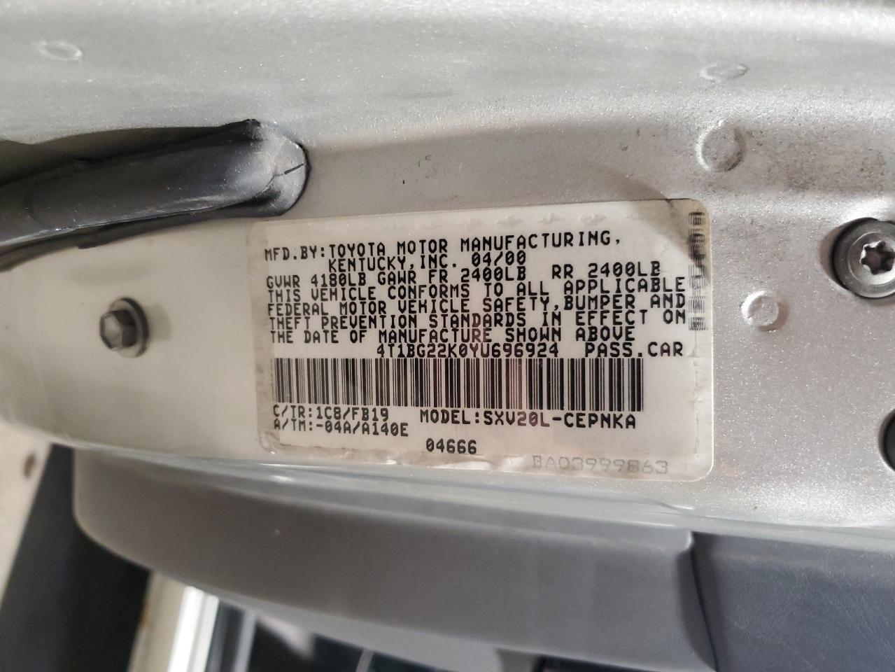 2000 Toyota Camry Ce VIN: 4T1BG22K0YU696924 Lot: 64359035