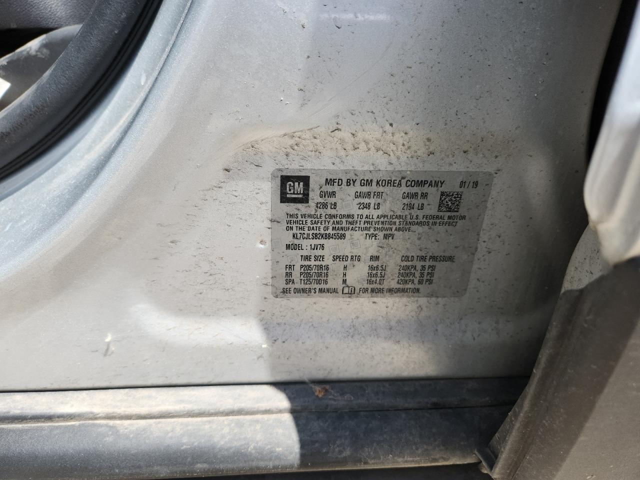 2019 Chevrolet Trax 1Lt VIN: KL7CJLSB2KB845589 Lot: 61595455