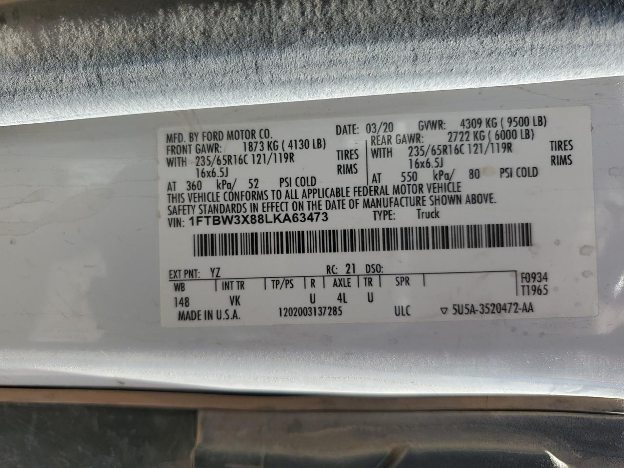 2020 Ford Transit T-350 VIN: 1FTBW3X88LKA63473 Lot: 63117125