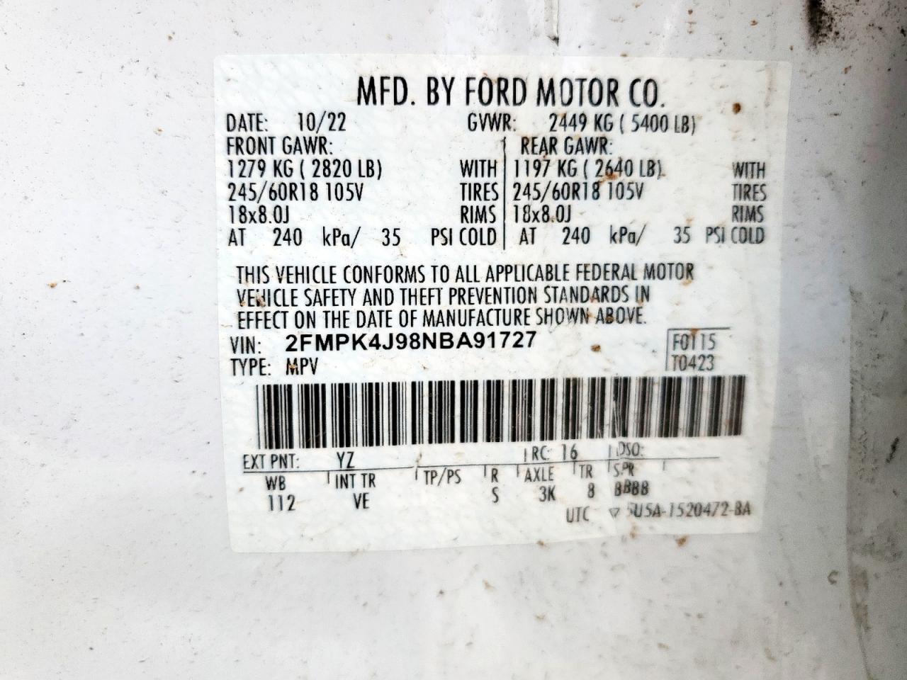2022 Ford Edge Sel VIN: 2FMPK4J98NBA91727 Lot: 63874735