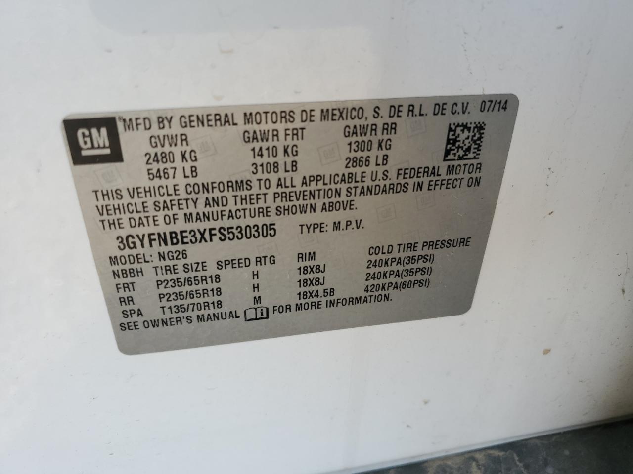2015 Cadillac Srx Luxury Collection VIN: 3GYFNBE3XFS530305 Lot: 62884075