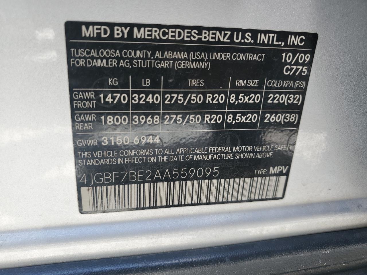 2010 Mercedes-Benz Gl 450 4Matic VIN: 4JGBF7BE2AA559095 Lot: 63825015