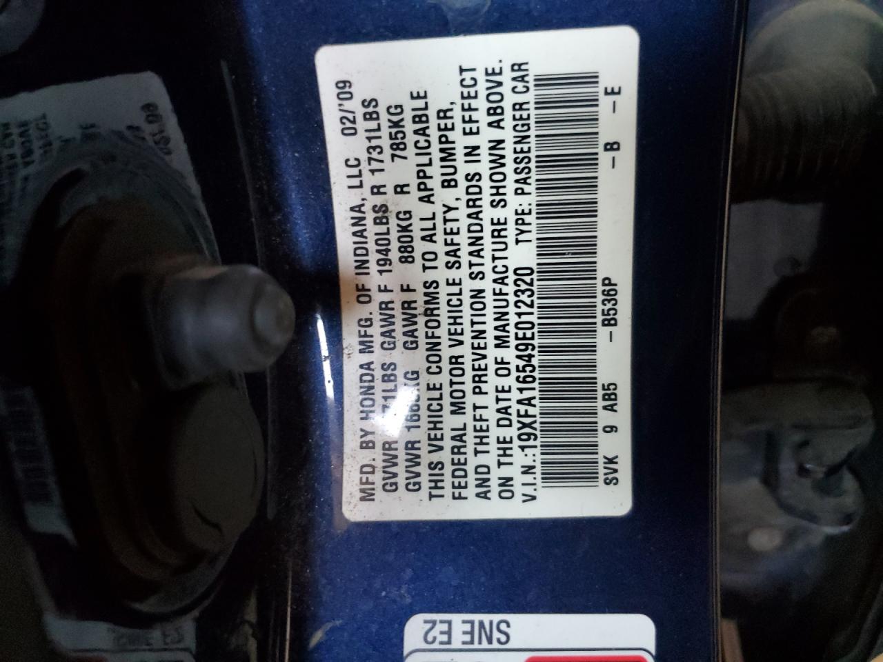 2009 Honda Civic Lx VIN: 19XFA16549E012320 Lot: 64845955
